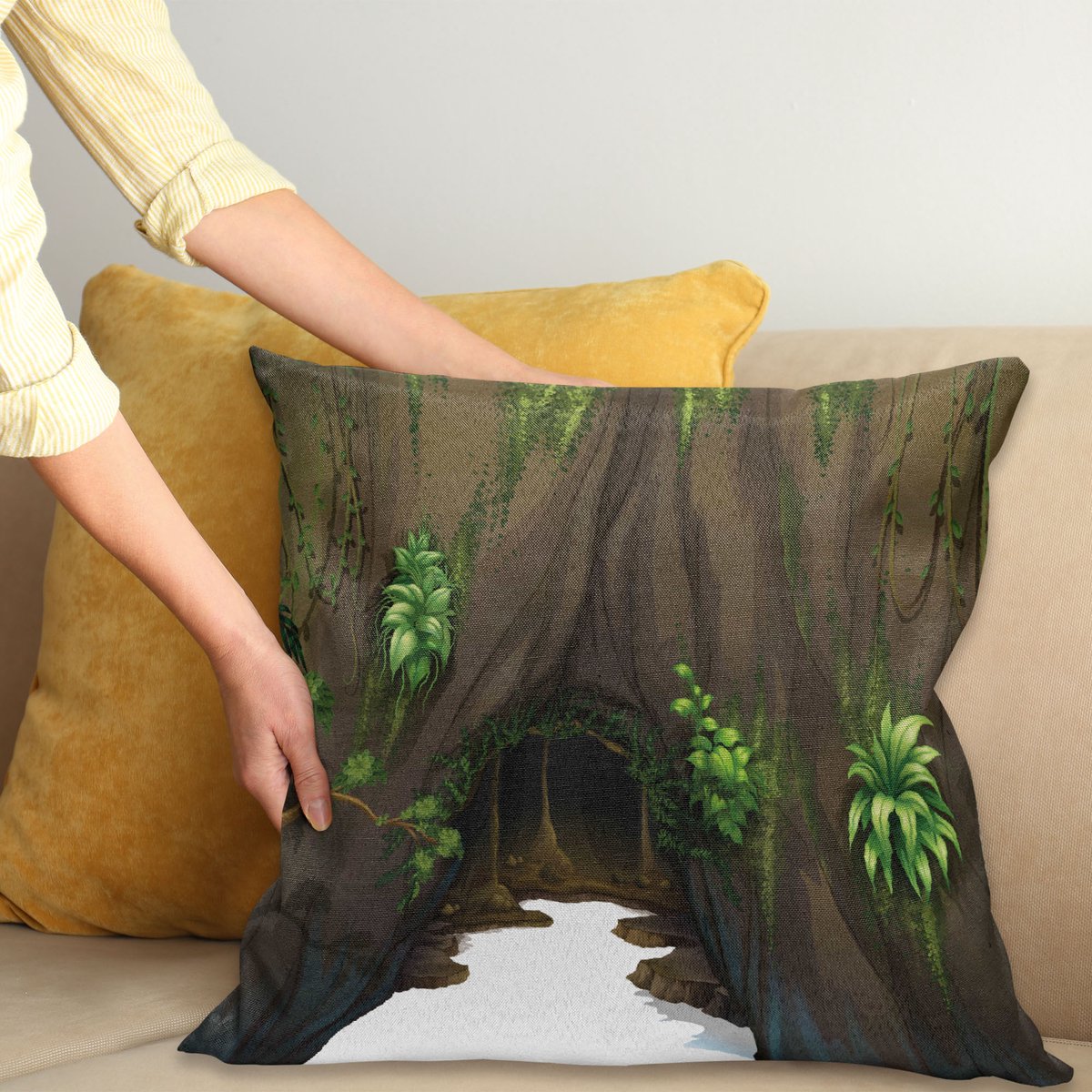 ABAKUHAUS Natuur Kussenhoes, Fantasie-Boom Cave Moss, Digitale Print, Waterbestendig, Kleurecht, Wasbare Kussenhoes met Ritssluiting, 40 x 40 cm, Varen Groen Chocolade