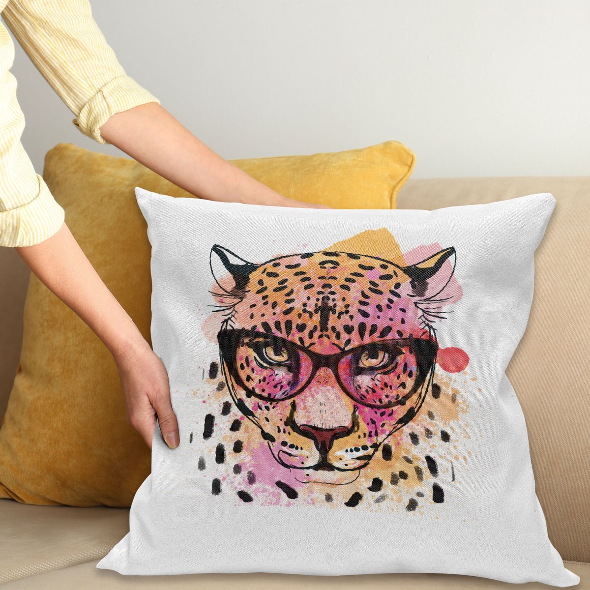 ABAKUHAUS Dier Kussenhoes, Modern Hipster Leopard, voor de Binnen of Buiten Gebruik Geschikt met Ritssluiting Wasbare Stof, 45 x 45 cm, Oranje Bruin Roze