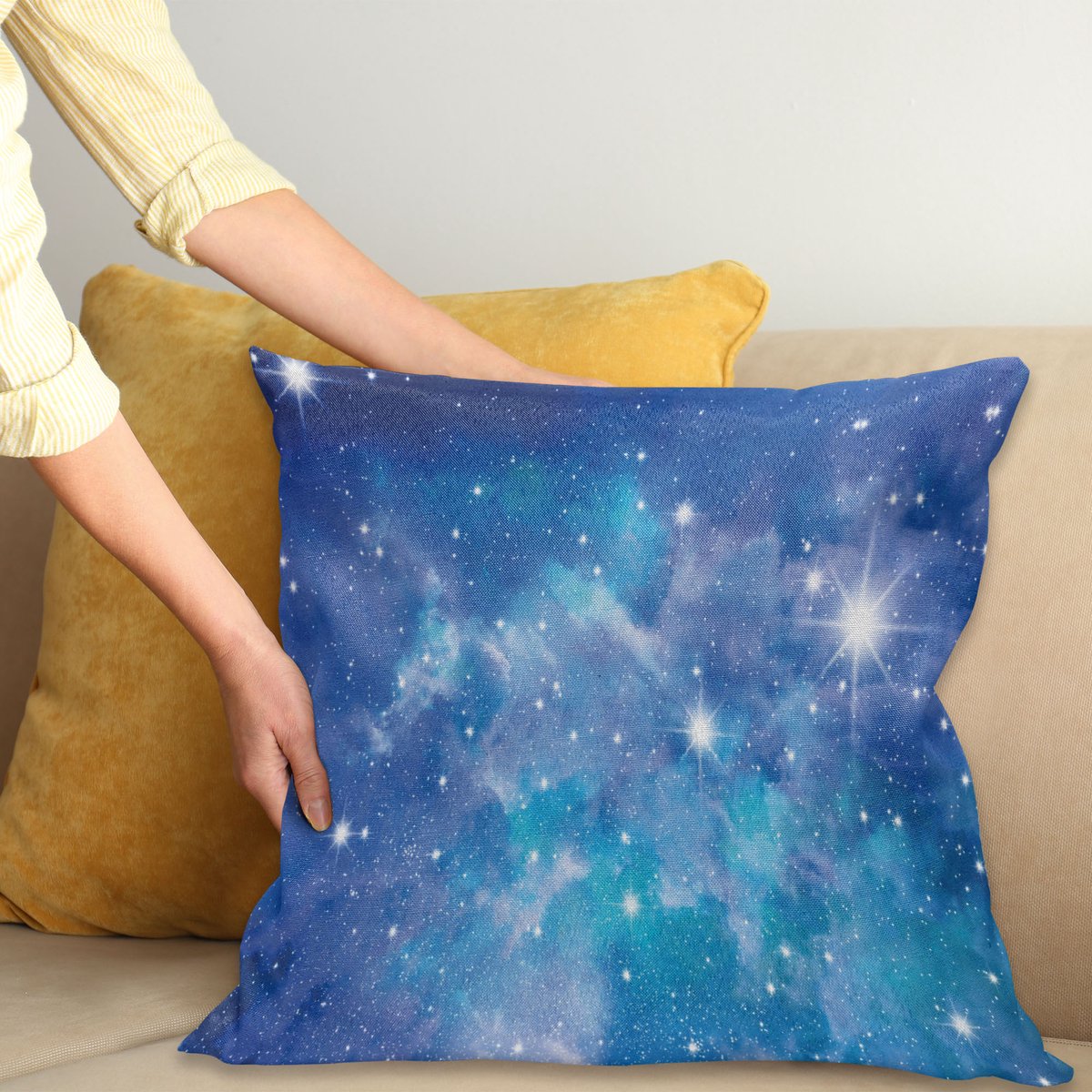 ABAKUHAUS Plek Kussenhoes, Planet Sternhaufen, Wasbare Sierkussenhoes voor Binnen/Buiten, Dubbelzijdige Print met Ritssluiting, 40 x 40 cm, Lila Grijs Turquoise