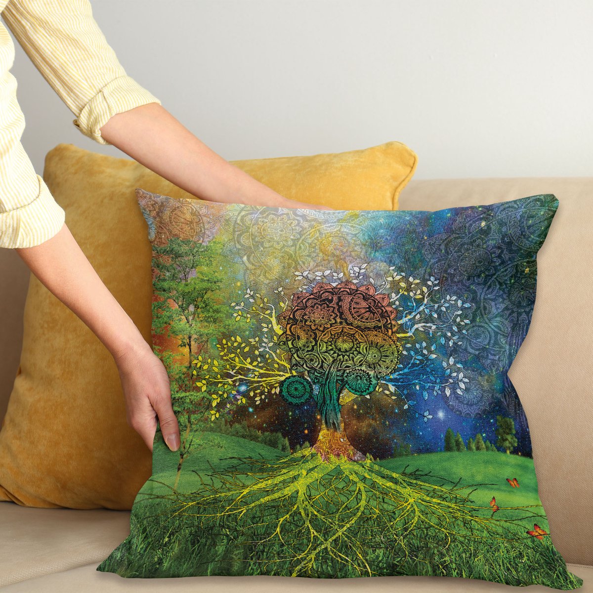 ABAKUHAUS Etnisch Kussenhoes, Mutter Aarde Thema, Kussenhoes met Ritssluiting en Dubbelzijdige Print, 40 x 40 cm, Groen Blauw
