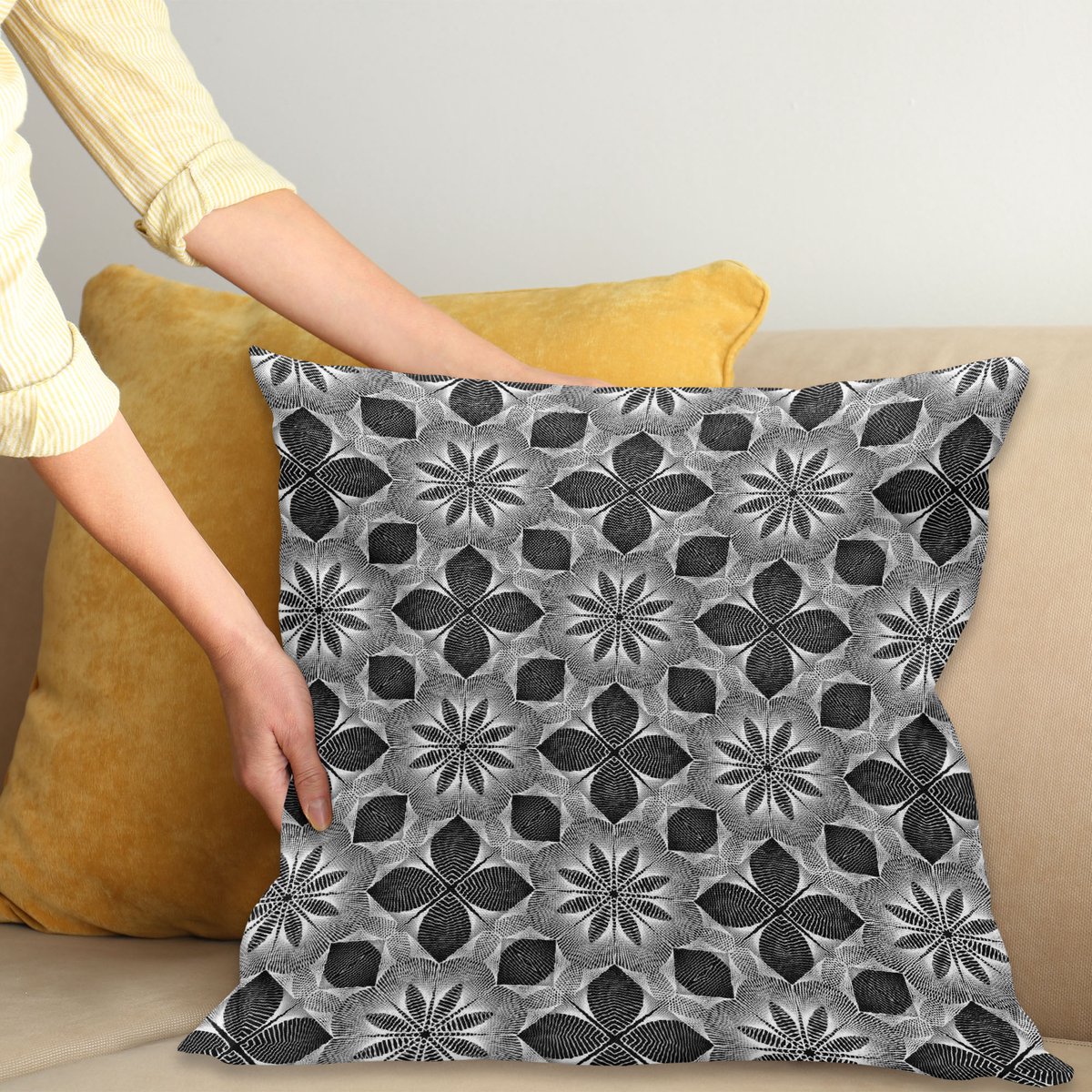 ABAKUHAUS Gitter Kussenhoes, Schraffieren geometrische Bloemen, Wasbare Kussenhoes met Ritssluiting, Kleurechte Heldere Kleuren en Dubbelzijdige Print, 50 x 50 cm, Houtskool Grijs en Wit