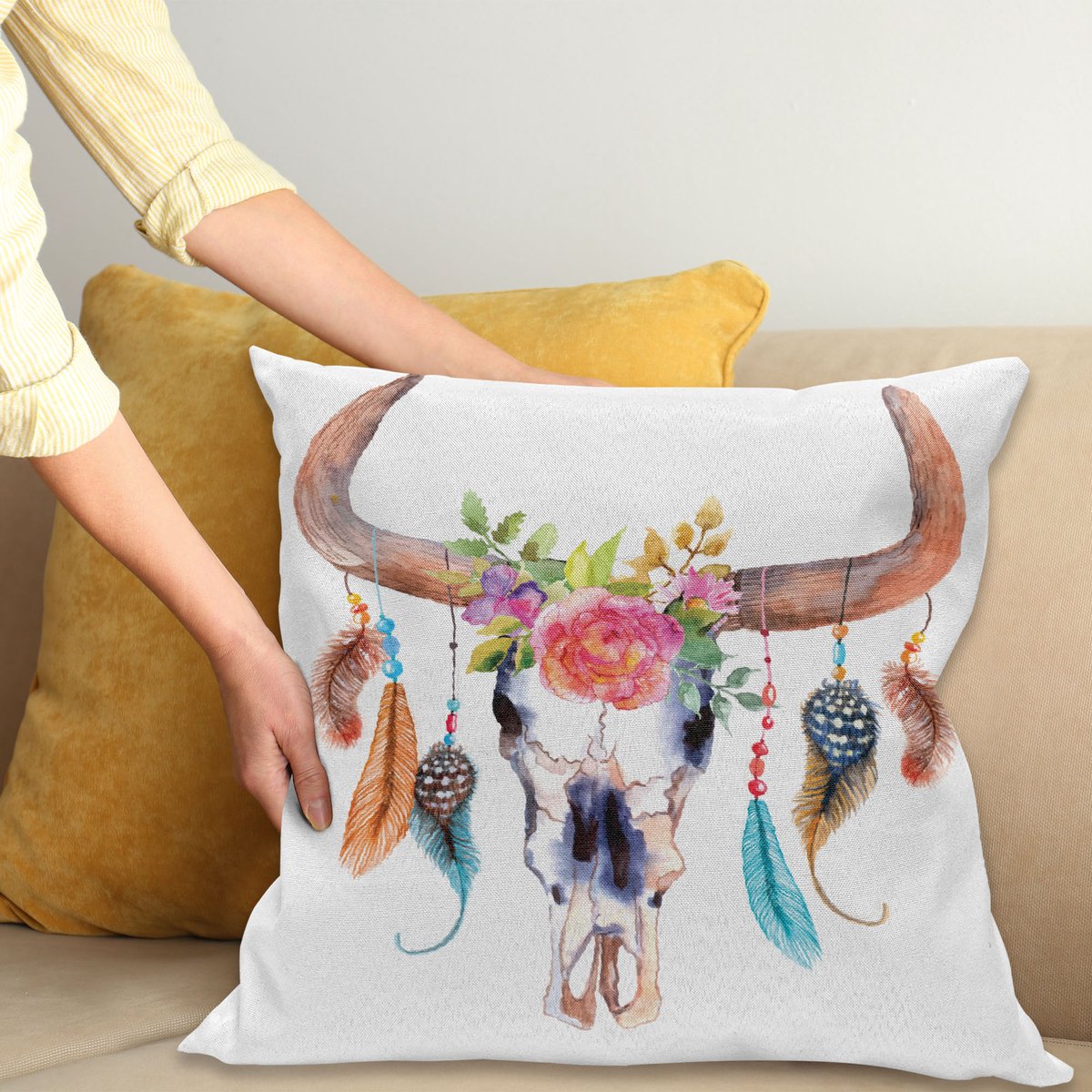 ABAKUHAUS Aquarel Kussenhoes, Bull Schädel Boho Pflanze, Wasbare Kleurechte Kussenhoes met Digitale Dubbelzijdige Print en Ritssluiting, 60 x 60 cm, Meerkleurig
