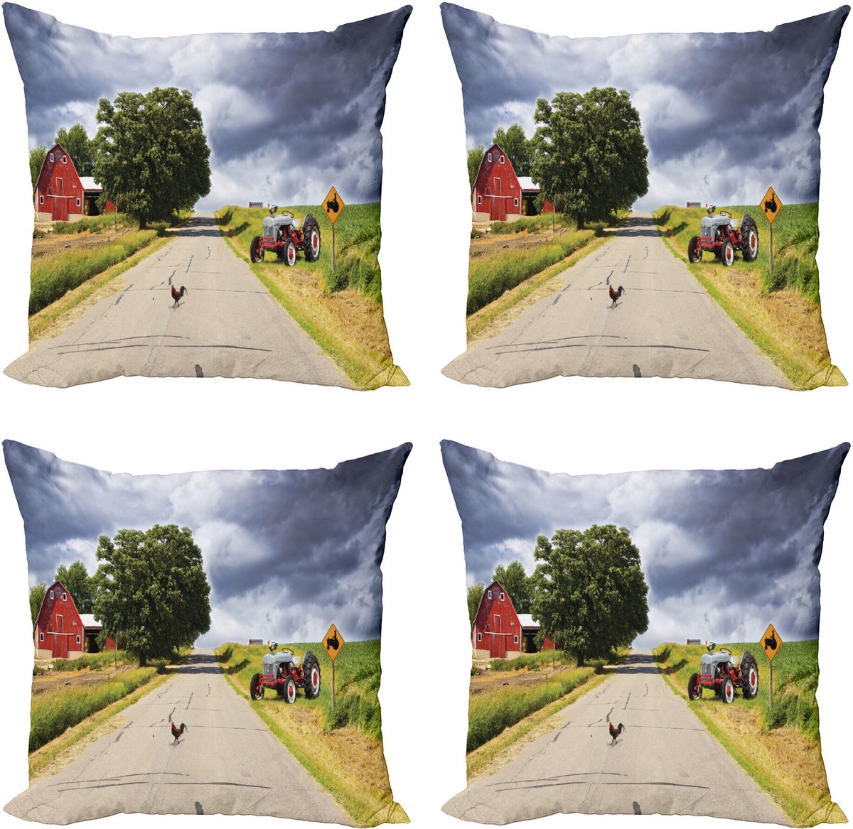 ABAKUHAUS ländlich Sierkussen Kussenhoes 4er Set, Scheune en Traktor op Seite, Modern Accent Dubbelzijdige Digitale Print, 60 x 60 cm, Meerkleurig