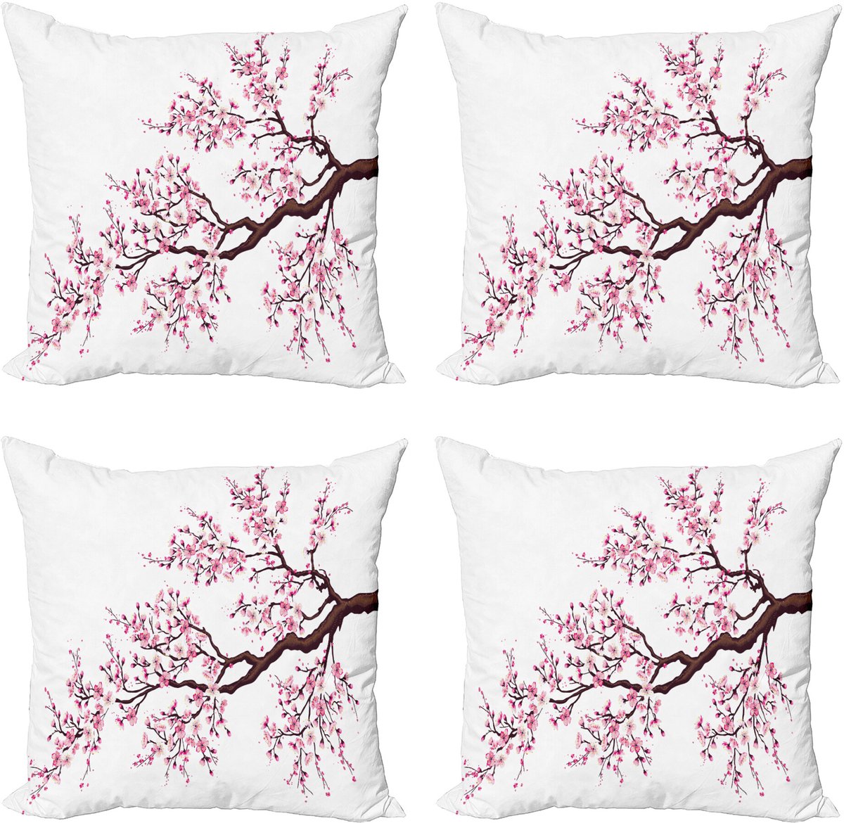 ABAKUHAUS Japan Sierkussen Kussenhoes 4er Set, Sakura Zweig Bloesems, Modern Accent Dubbelzijdige Digitale Print, 40 x 40 cm, Roze Donkerbruin