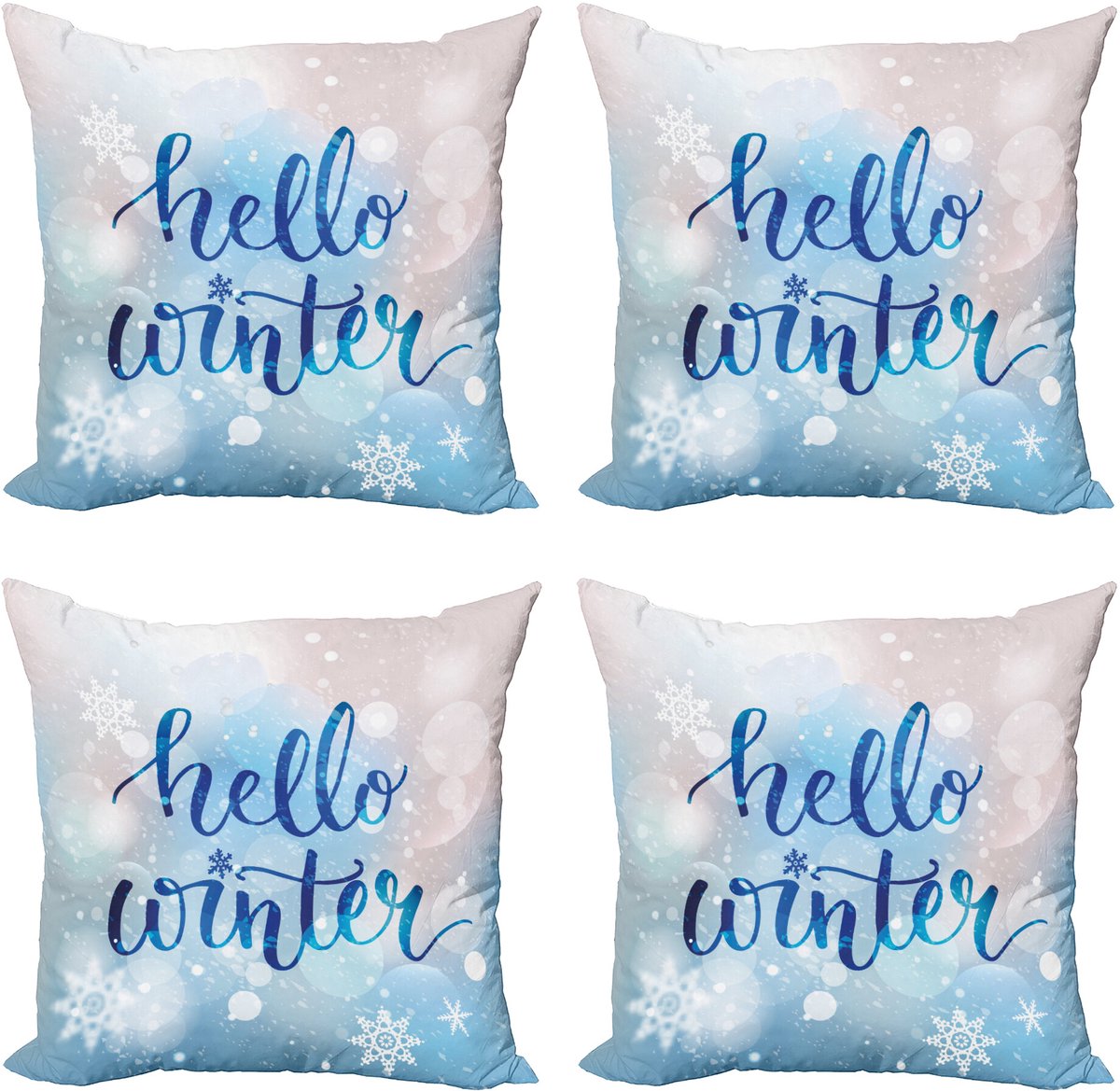ABAKUHAUS Winter Sierkussen Kussenhoes 4er Set, Hallo Winter-Wörter Sneeuw, Modern Accent Dubbelzijdige Digitale Print, 40 x 40 cm, Blauw Lichtroze Wit