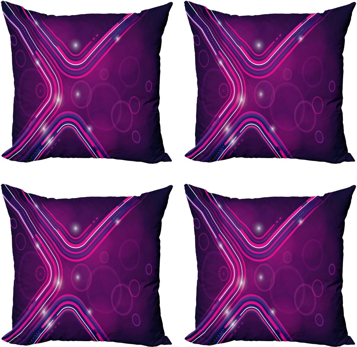 ABAKUHAUS Aubergine Sierkussen Kussenhoes 4er Set, Lila Lijnen Kreise, Modern Accent Dubbelzijdige Digitale Print, 40 x 40 cm, Violet Roze