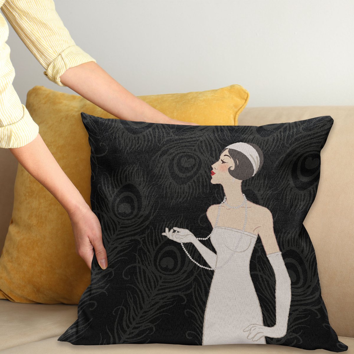 ABAKUHAUS Oud Hollywood Kussenhoes, Kunst Deco-Ontwerp, Wasbare Kleurechte Kussenhoes met Digitale Dubbelzijdige Print en Ritssluiting, 40 x 40 cm, Houtskool Grijs Beige