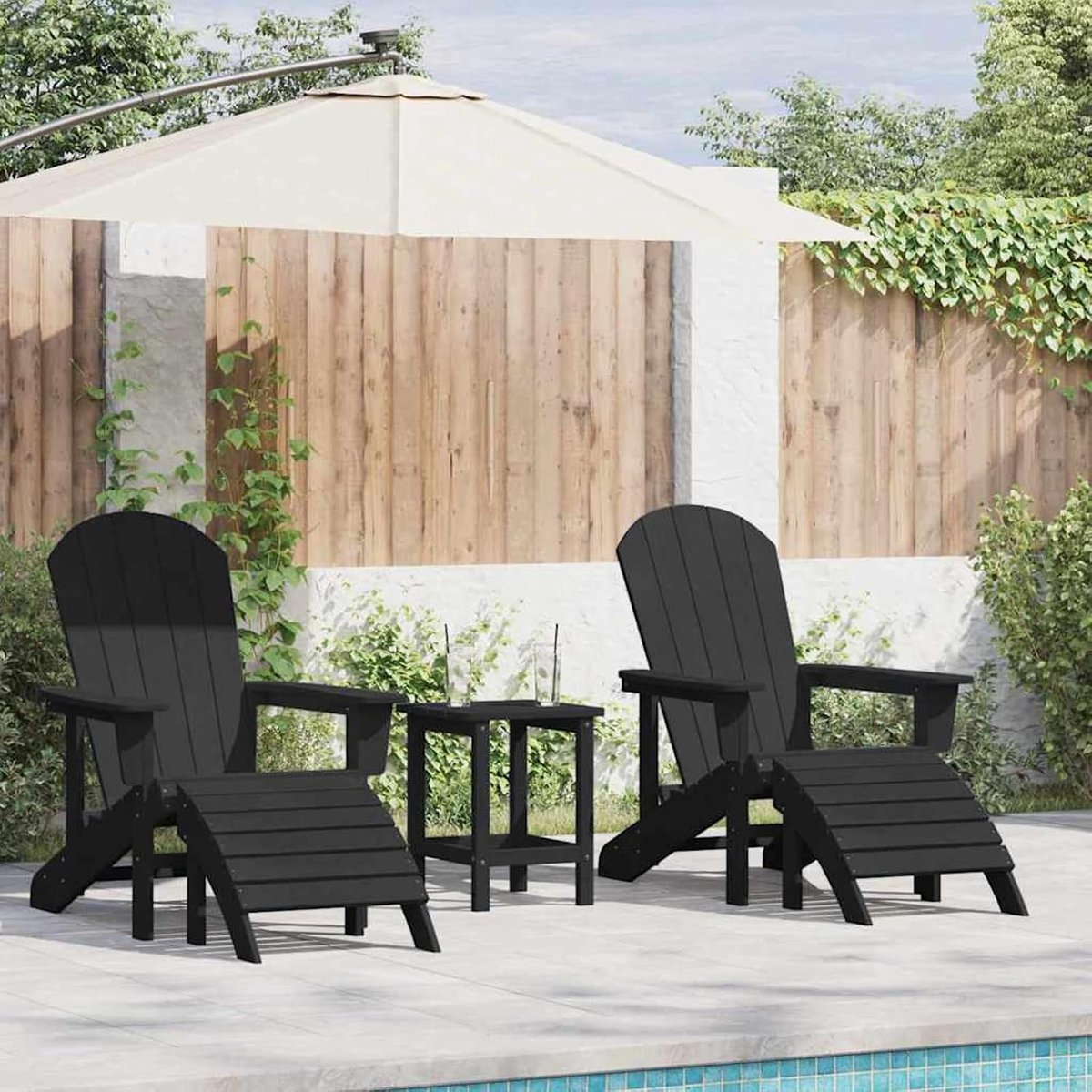 Adirondack-stoelen met voetsteunen, 2 stuks, zwart, HDPE, Adirondack-stoel met voetensteun, zwart, HDPE, tuinstoel, Adirondack, zitgroep, tuinmeubelen voor balkon, tuin, terras, gazon