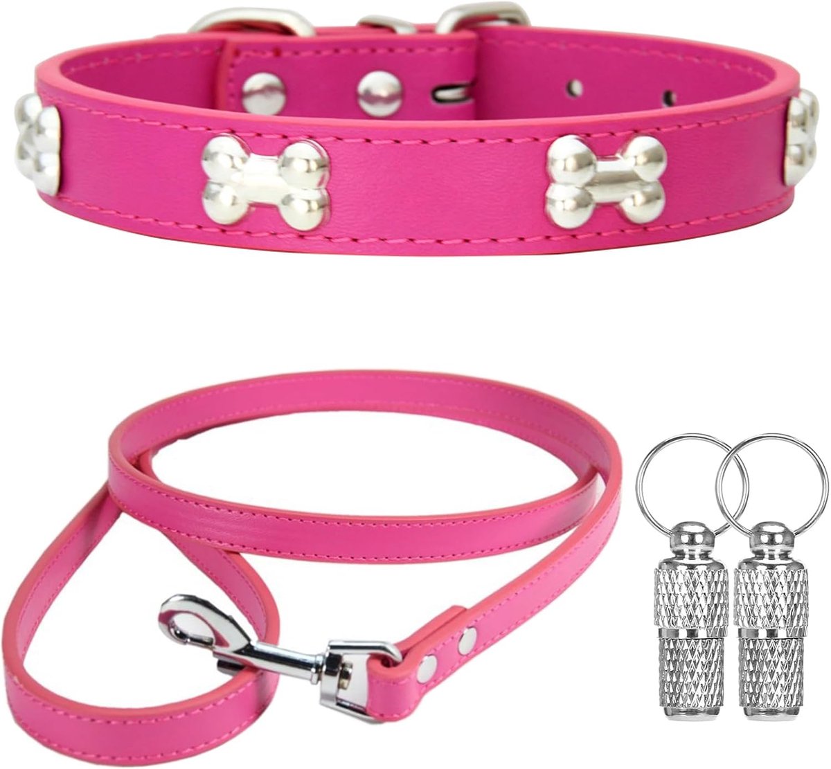 Halsband en linnen halsband, leren halsband, hondenhalsband met metalen botdecoratie, geschikt voor kleine, middelgrote en grote honden en katten, donkerroze, M
