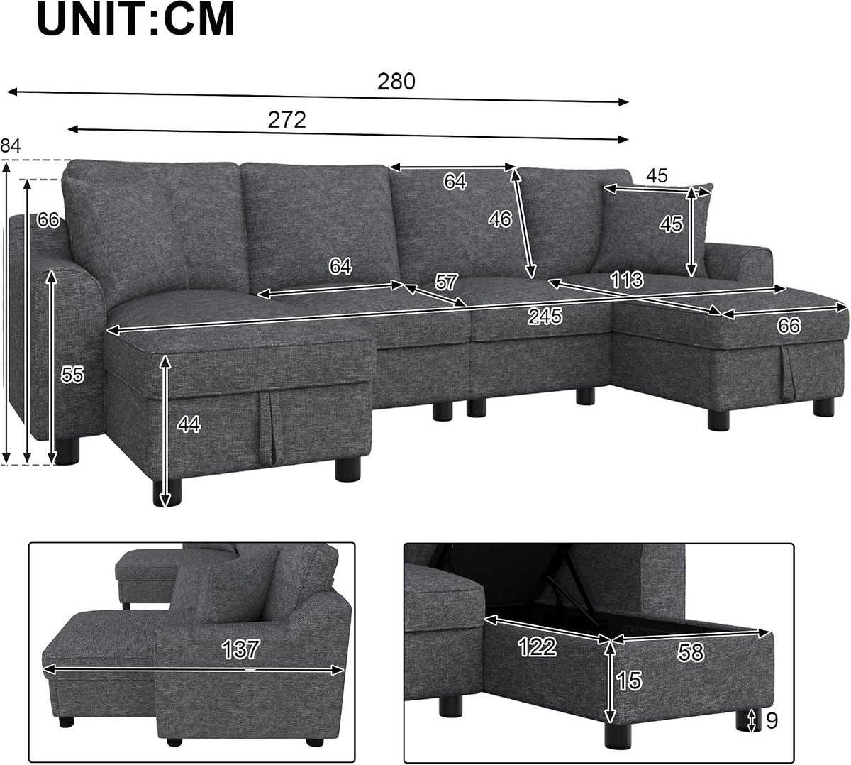 Hoekbank U-vorm, chenille woonlandschap met opbergruimte, modulaire bank met 2 chaise longues en kussens, bankset voor woonkamer, gezinnen bank, grijs (grijs, 4-zits)