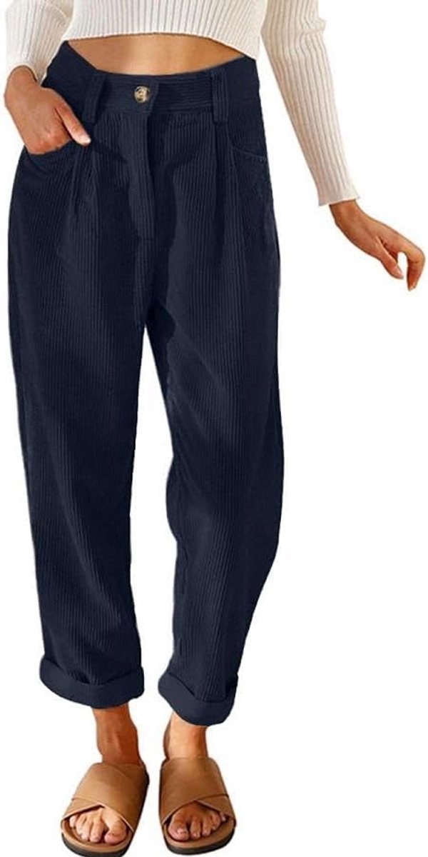 damesbroek van geribbeld fluweel, damesbroek met elastische tailleband, brede broek, lichte rechte winterbroek