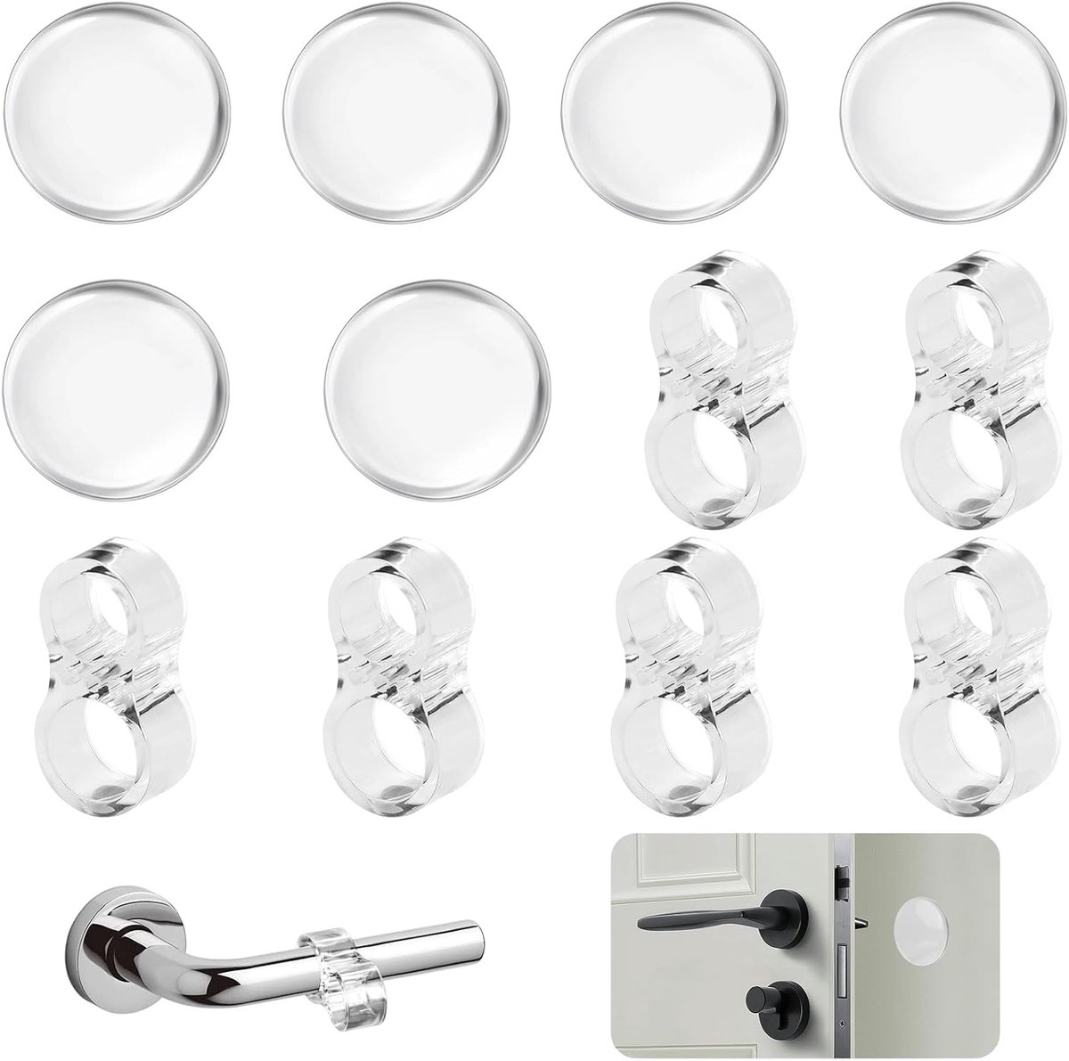 Stoppers, deurgreep en bumper, transparant, kit met 6 rubberen buffers voor wandbescherming (40 x 8 mm) en 6 ringen bumper van siliconen, wandbescherming en geluidsreductie