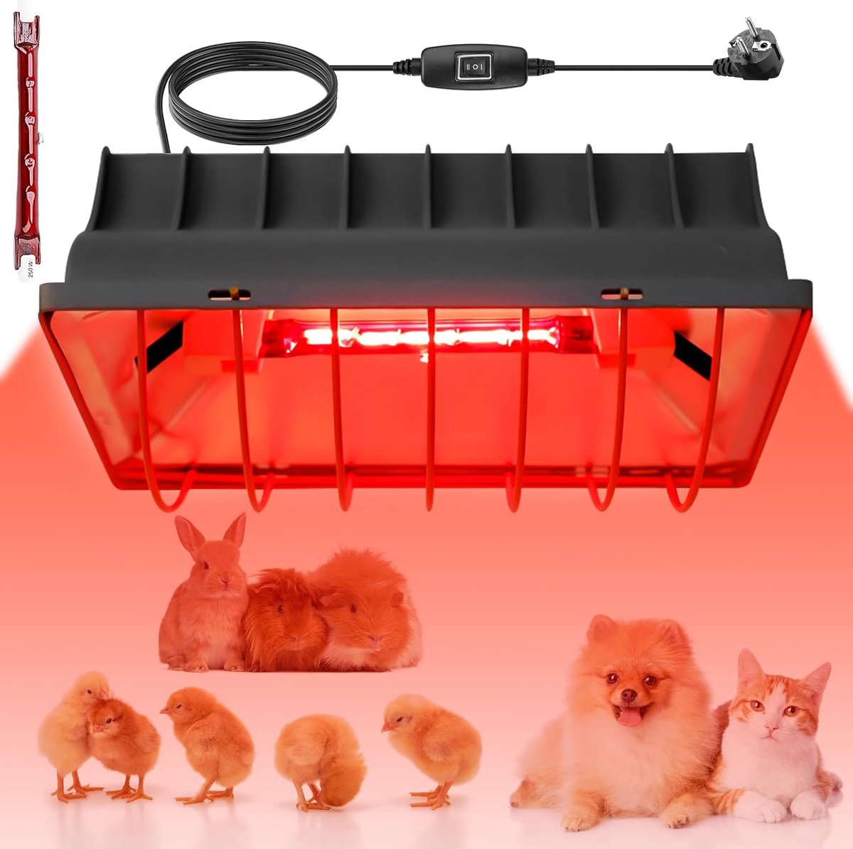 Verwarmingslamp, 1,8 m, warmtestraler met EU-stekker, rood licht met schakelaar, huisdierverwarming, verwarmingslamp voor kippenhokken, infraroodlamp voor kuikens, biggen, puppy's