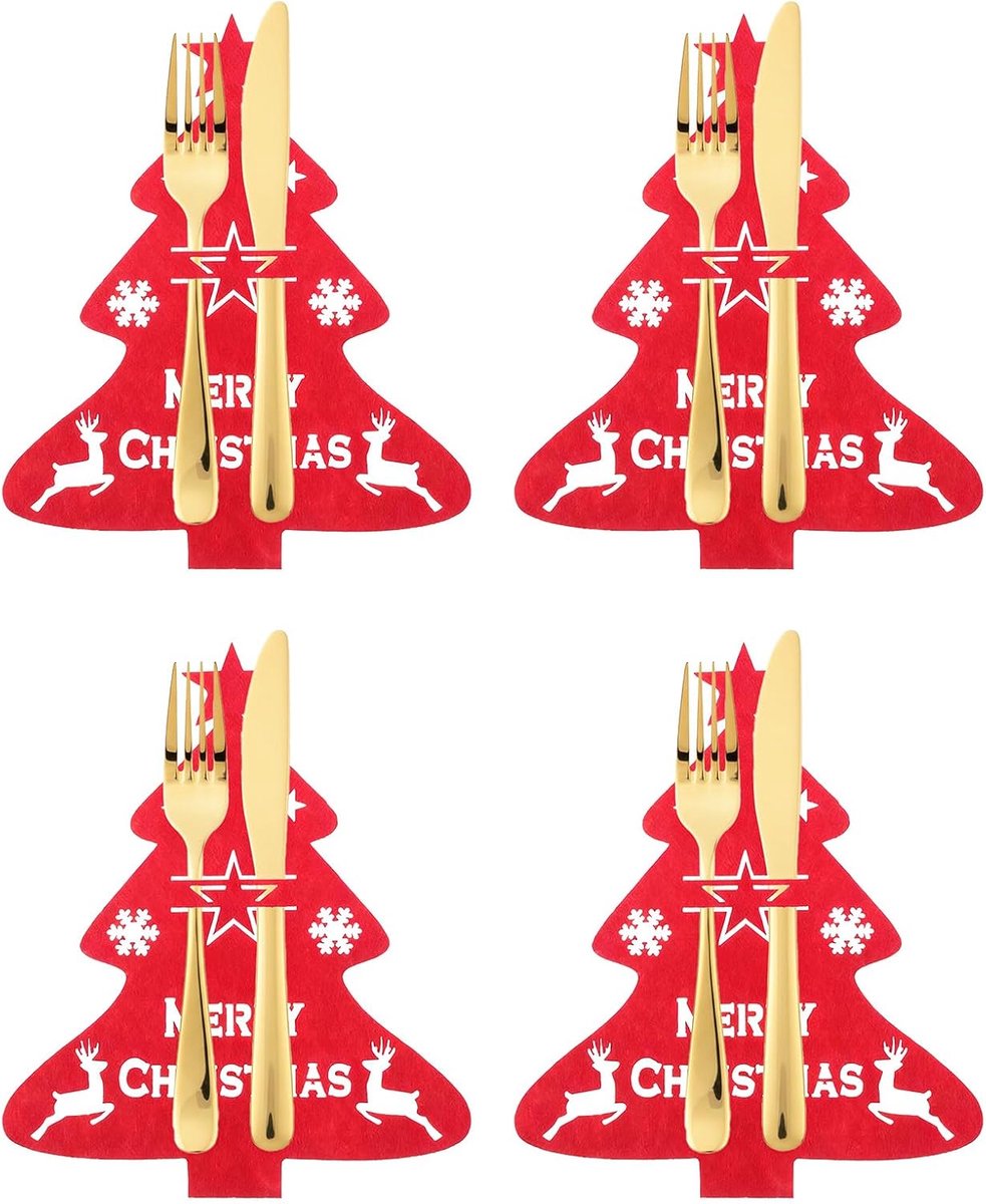 Bestekzak Kerstmis vilt 12 stuks kerstbestek bestekhouder vilt bestektas kerstboom tafeldecoratie Kerstmis decoratie Kerstmis tafel feest diner vork decor (12 stuks #rood)
