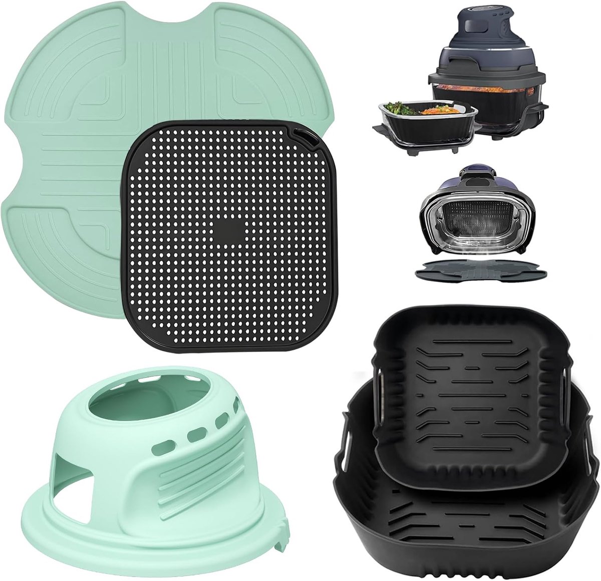Airfryer-accessoires voor Ninja CRISPi 2 stuks siliconen vorm + spatbescherming + siliconen matten + beschermhoes voor heteluchtfriteuse voor Ninja Crispi accessoires, herbruikbare siliconen vorm voor