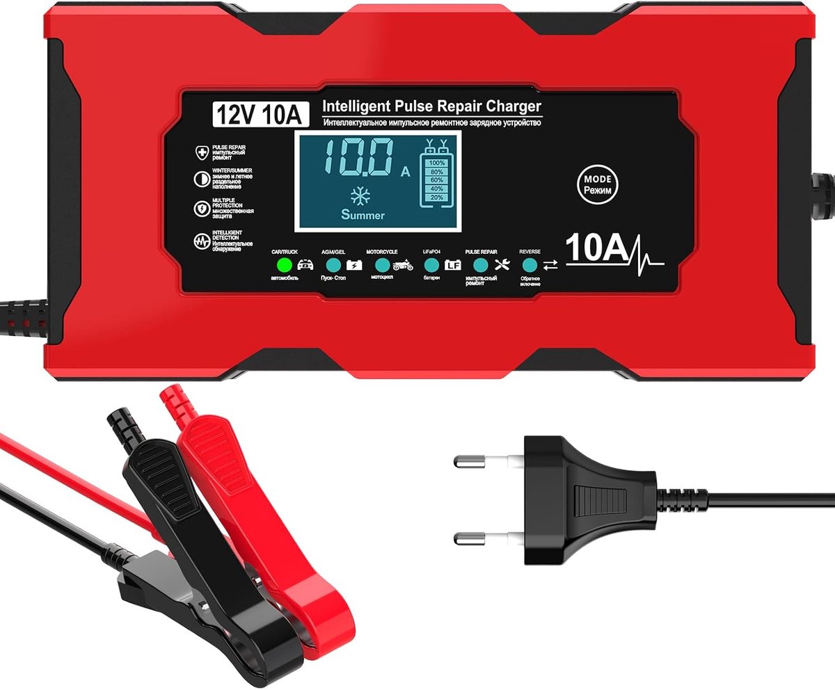 Acculader voor auto, 10 A 12 V, ijzerlithium en loodzuur batterijen, slimme volledig automatische autobatterijlader met temperatuurcompensatie voor auto, vrachtwagen, motorfiets, grasmaaier, boot