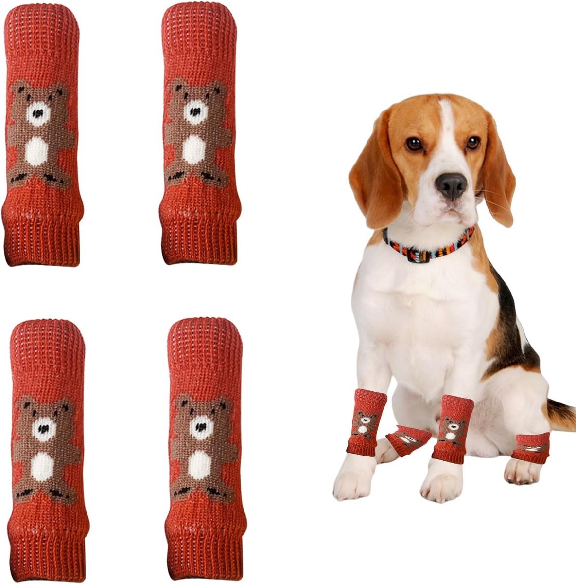 4 stuks schattige beer, hond, elleboogbeschermer, winterzachte, warme gebreide beenbeschermers voor huisdieren, puppy's, kleine honden, katten (rood, S)