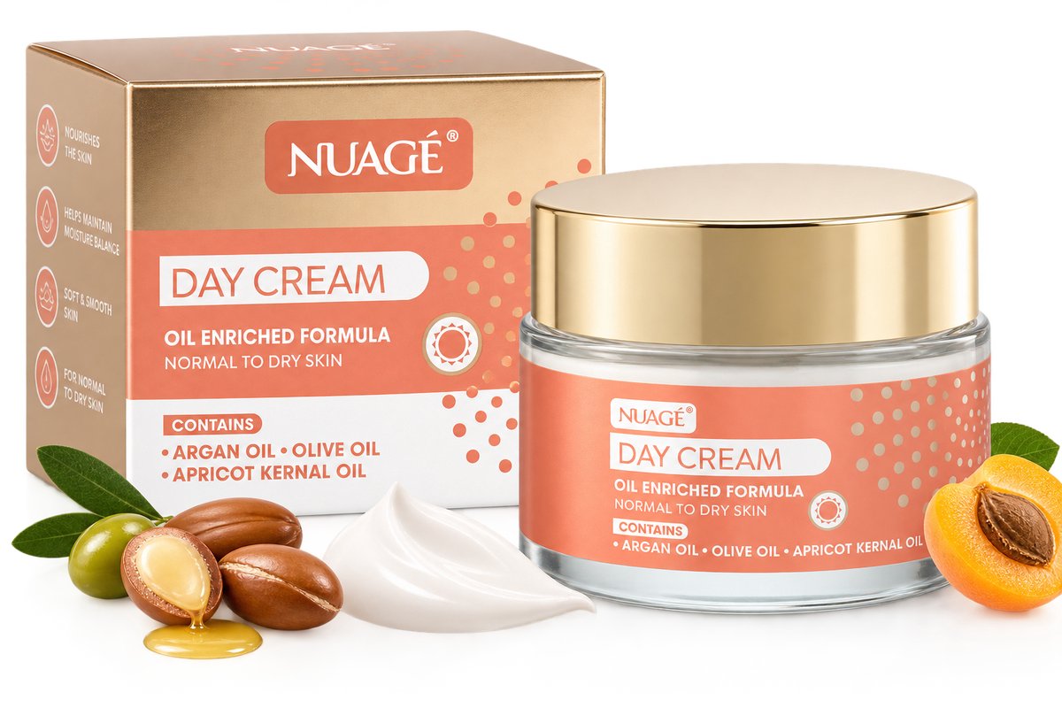 Nuagé Dagcrème 50 ml – Gezichtscrème Normale tot Droge Huid – Met Arganolie, Olijfolie & Abrikozenpitolie – Hydraterende Gezichtsverzorging – Dagelijkse Moisturizer