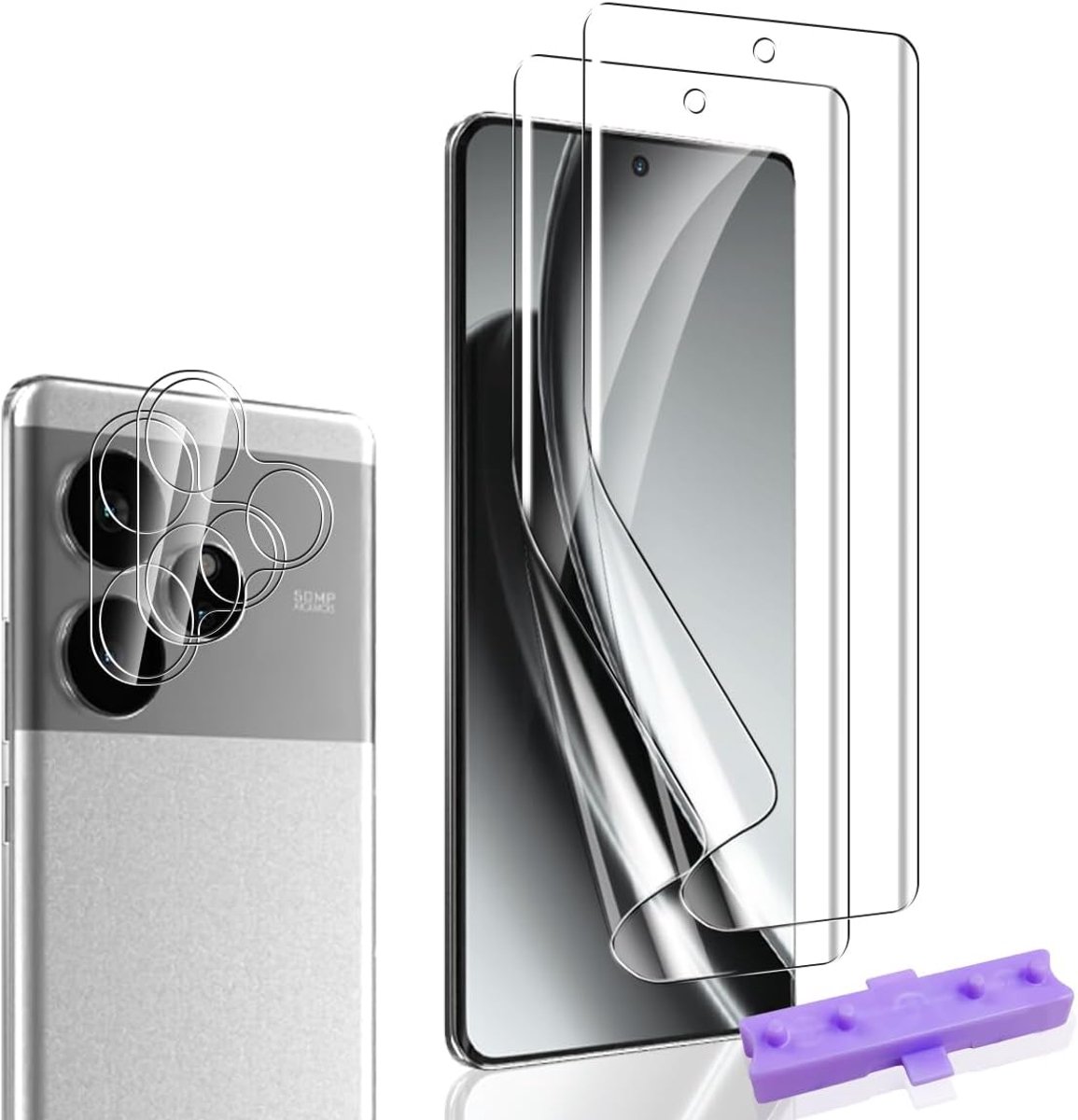 Displaybeschermfolie voor Realme GT 6/Realme GT 6T en camerafolie [2 + 2 stuks], volledige afdekking, luchtbelvrij, HD helder TPU-folie voor Realme GT 6/6T, geen gehard glas