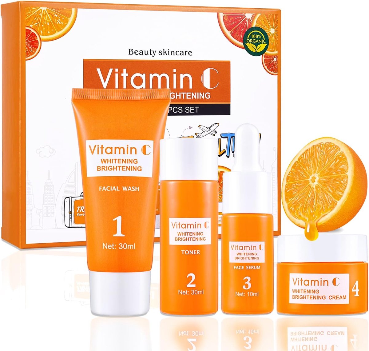 Schoonheidsset voor dames, gezichtsverzorging met vitamine C, anti-aging, hydrateert de huid, verbetert de doffe teint en vermindert fijne lijntjes, draagbare huidverzorging voor sportschool, reizen