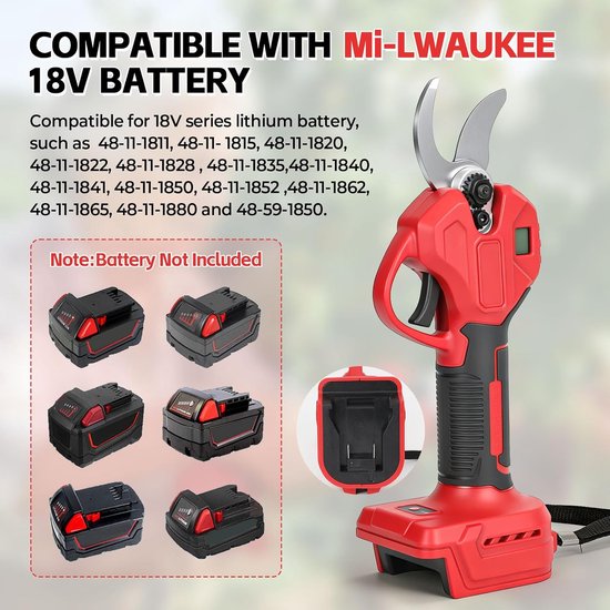 Snoeischaar voor Milwaukee M18, 300 W borstelloze motor, snijdiameter 30 mm, accu-snoeischaar, draadloze tuinsnijder voor het snoeien van struiken, bomen (rood voor Milwaukee) — afbeelding 2