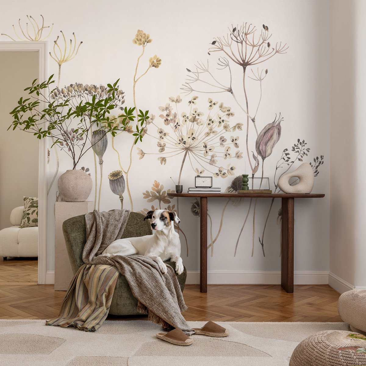 Coloray Vliesbehang - Beige Snellijm Behang - 104x70 cm - Wilde Bloemen Fotobehang Vlies - Hal behang Bloemen En Planten - Muurschildering - Woonkamer behang