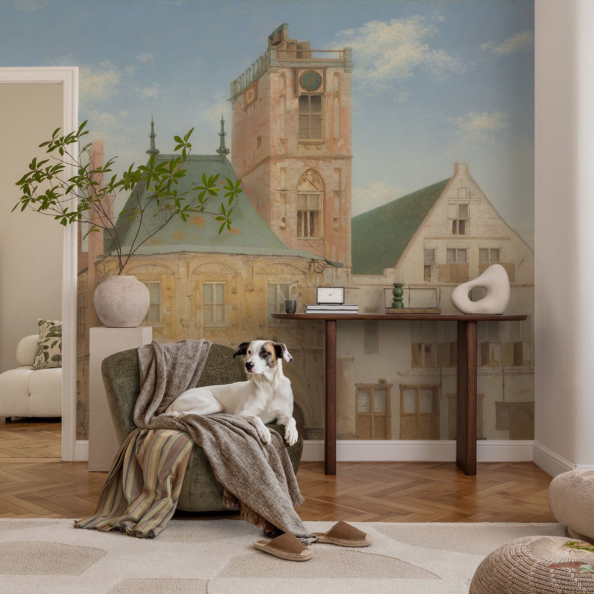 Coloray Vliesbehang - Blauw Snellijm Behang - 104x70 cm - Historisch Stadhuis Fotobehang Vlies - Woonkamer behang Architectuur - Muurschildering - Woonkamer behang