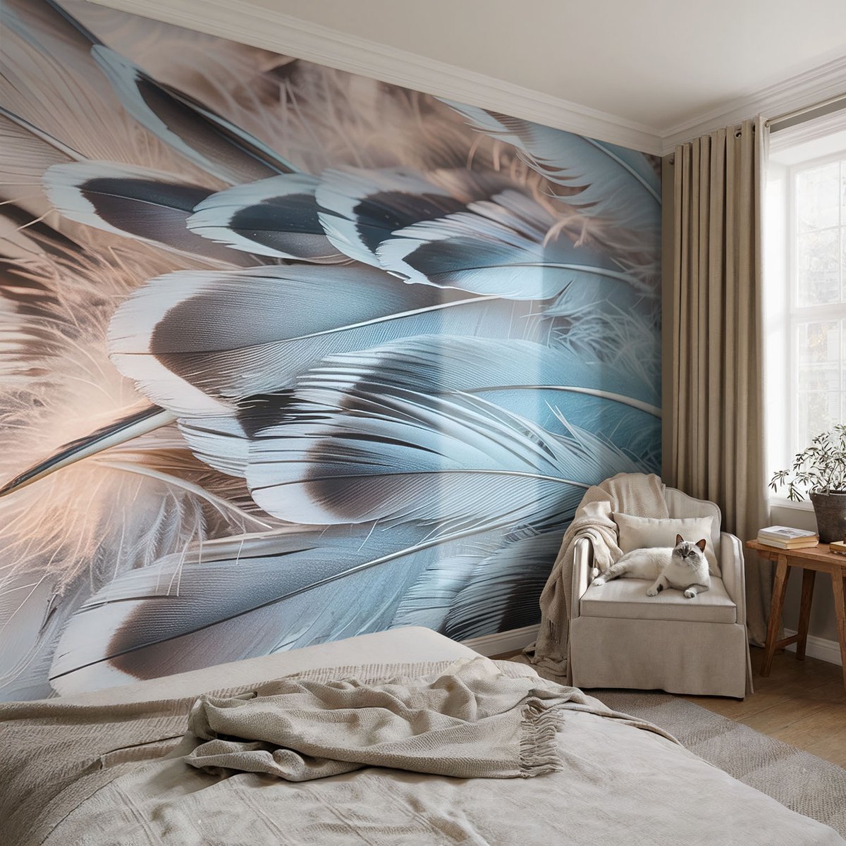 Coloray Vliesbehang - Wit Snellijm Behang - 104x70 cm - Blauwe Veren Muurschildering - Gang behang Texturen - Fotobehang Vlies - Slaapkamer behang