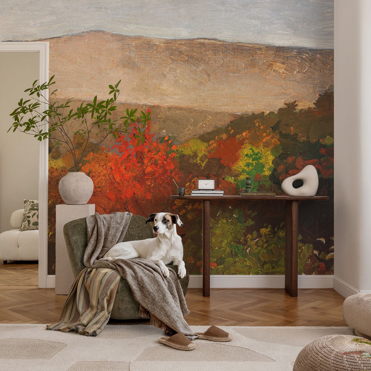 Coloray Vliesbehang - Rood Snellijm Behang - 104x70 cm - Herfstpanorama Muurschildering - Gang behang Landschappen - Fotobehang Vlies - Gang behang