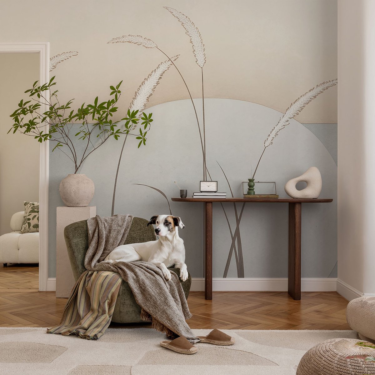 Coloray Vliesbehang - Beige Snellijm Behang - 104x70 cm - Zachte Grassen Fotobehang Vlies - Hal behang Bloemen En Planten - Muurschildering - Hal behang
