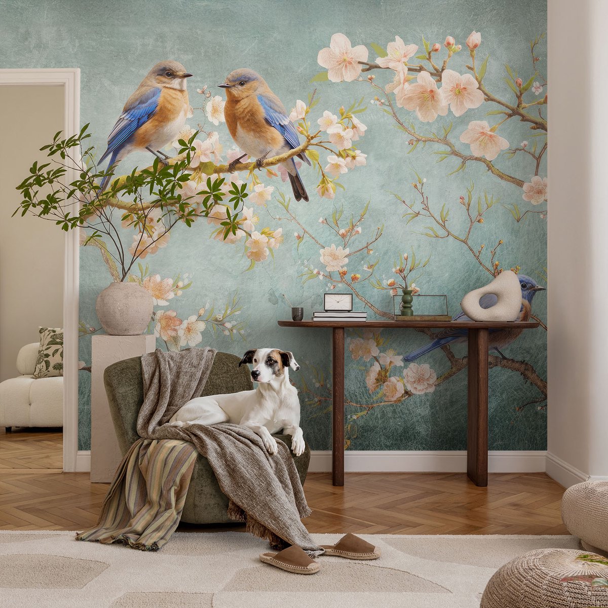 Coloray Vliesbehang - Blauw Snellijm Behang - 104x70 cm - Lente Vogels Fotobehang Vlies - Woonkamer behang Bloemen En Planten - Muurschildering - Woonkamer behang