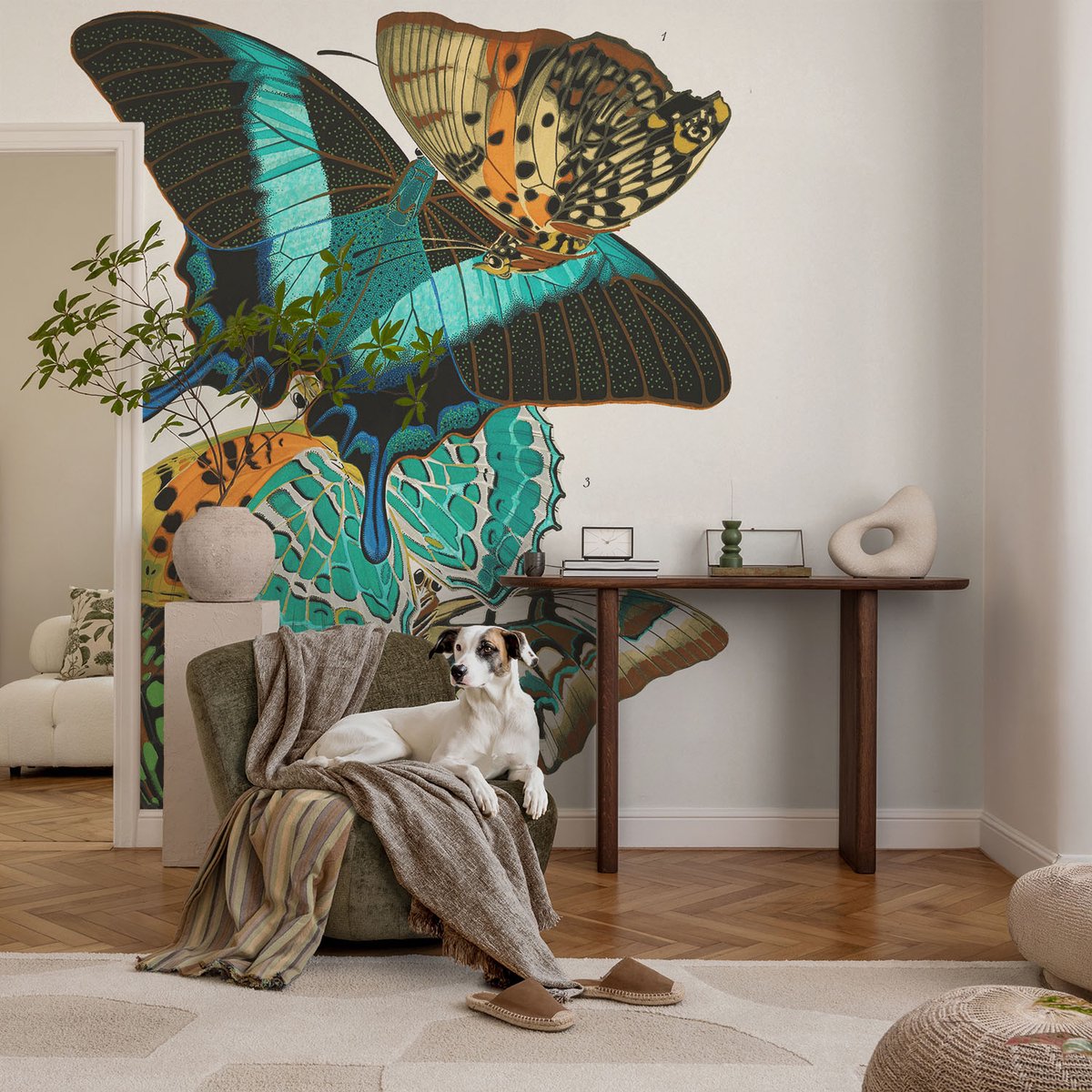 Coloray Vliesbehang - Turkoois Snellijm Behang - 104x70 cm - Kleurrijke Vlinders Fotobehang Vlies - Hal behang Dieren - Muurschildering - Hal behang