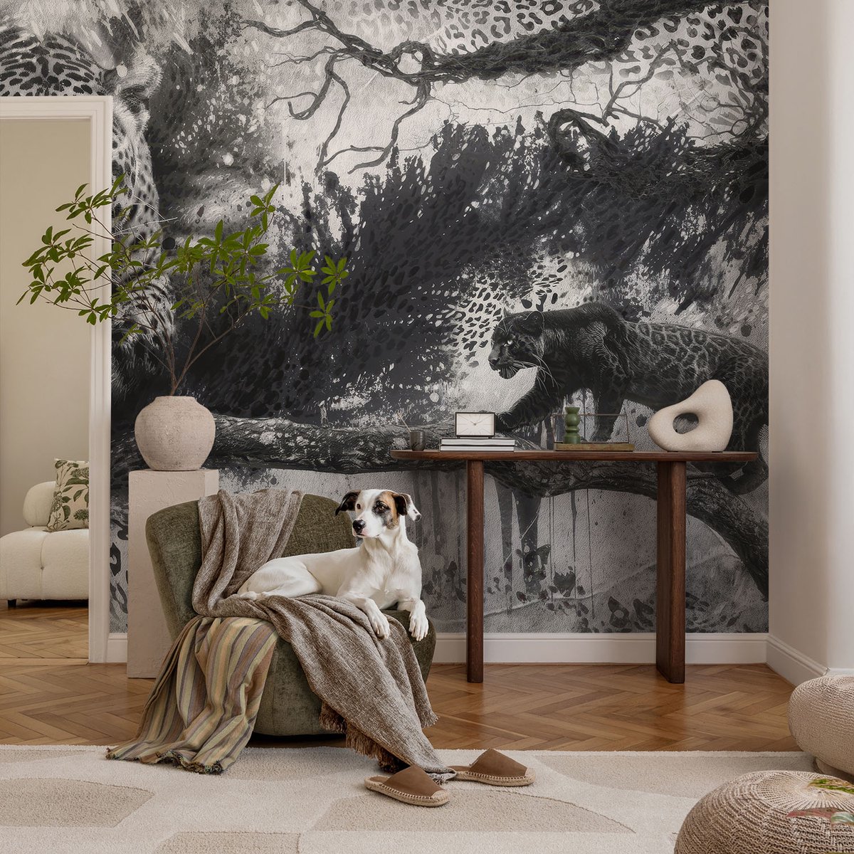 Coloray Vliesbehang - Zwart-Wit Snellijm Behang - 104x70 cm - Abstracte Luipaarden Fotobehang Vlies - Woonkamer behang Dieren - Muurschildering - Hal behang