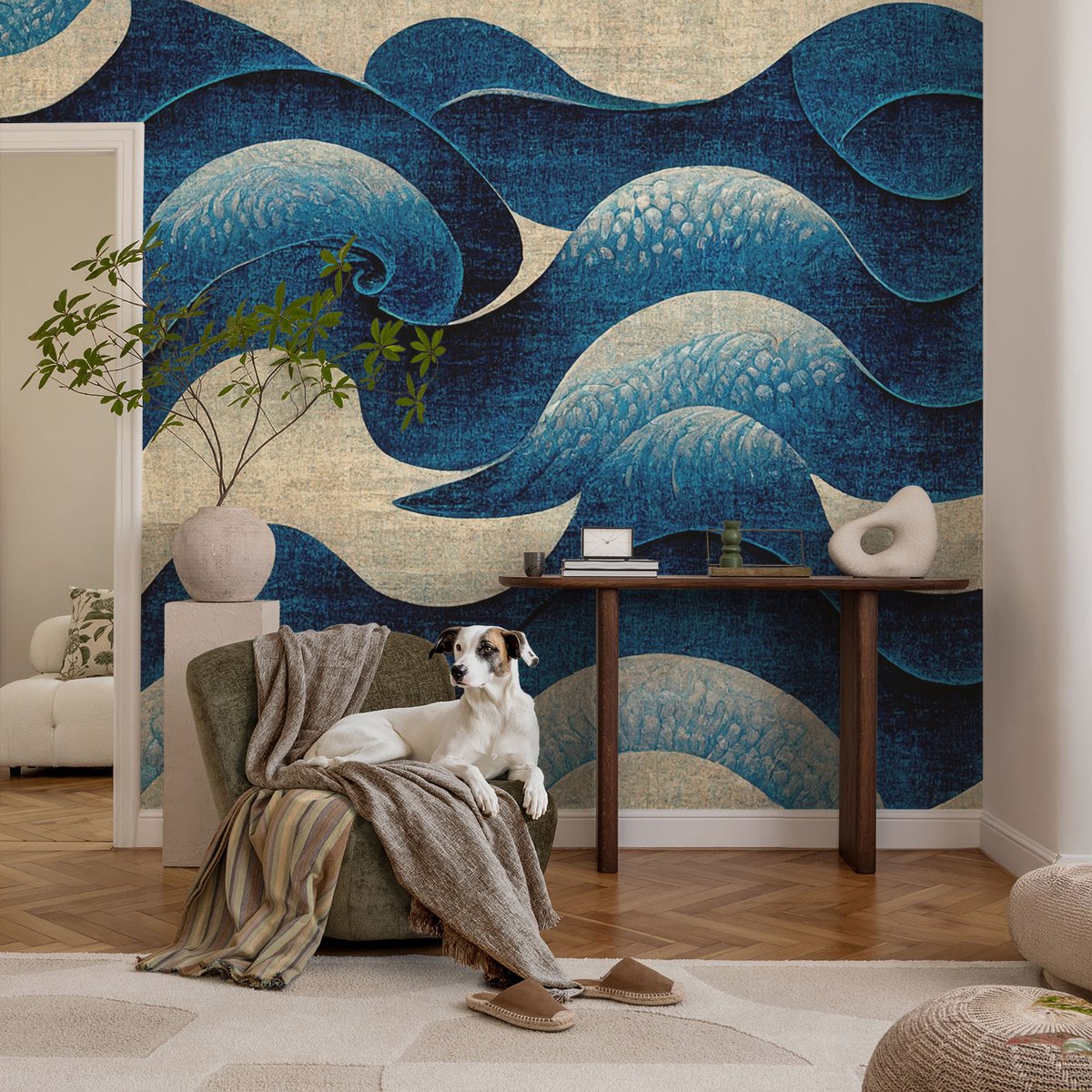 Coloray Vliesbehang - Marine Snellijm Behang - 104x70 cm - Blauwe Golven Muurschildering - Slaapkamer behang Abstractie - Fotobehang Vlies - Gang behang