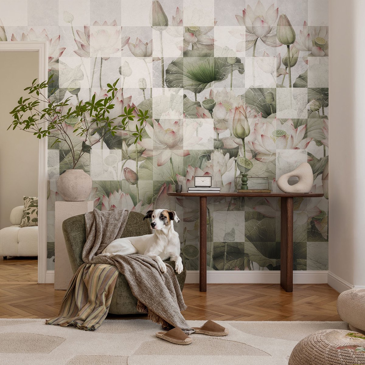 Coloray Vliesbehang - Wit Snellijm Behang - 104x70 cm - Lotuspatronen Fotobehang Vlies - Hal behang Bloemen En Planten - Muurschildering - Woonkamer behang