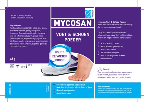 Mycosan Voet & Schoen Poeder 65g met een afbeelding van een voet in een sneaker. Beschermt tegen schimmel en neutraliseert geurtjes.