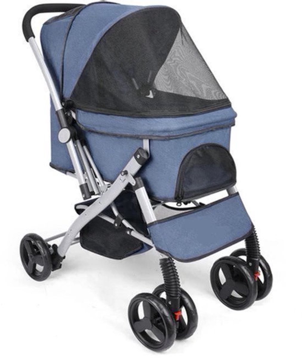 Hondenbuggy - Hondenkar - Kattenbuggy - Opvouwbare - Huisdierenbuggy - met Roterende Wielen en Rem – Tot 36 kg – Opvouwbaar met Opbergmand voor Kleine en Middelgrote Honden - Blauw