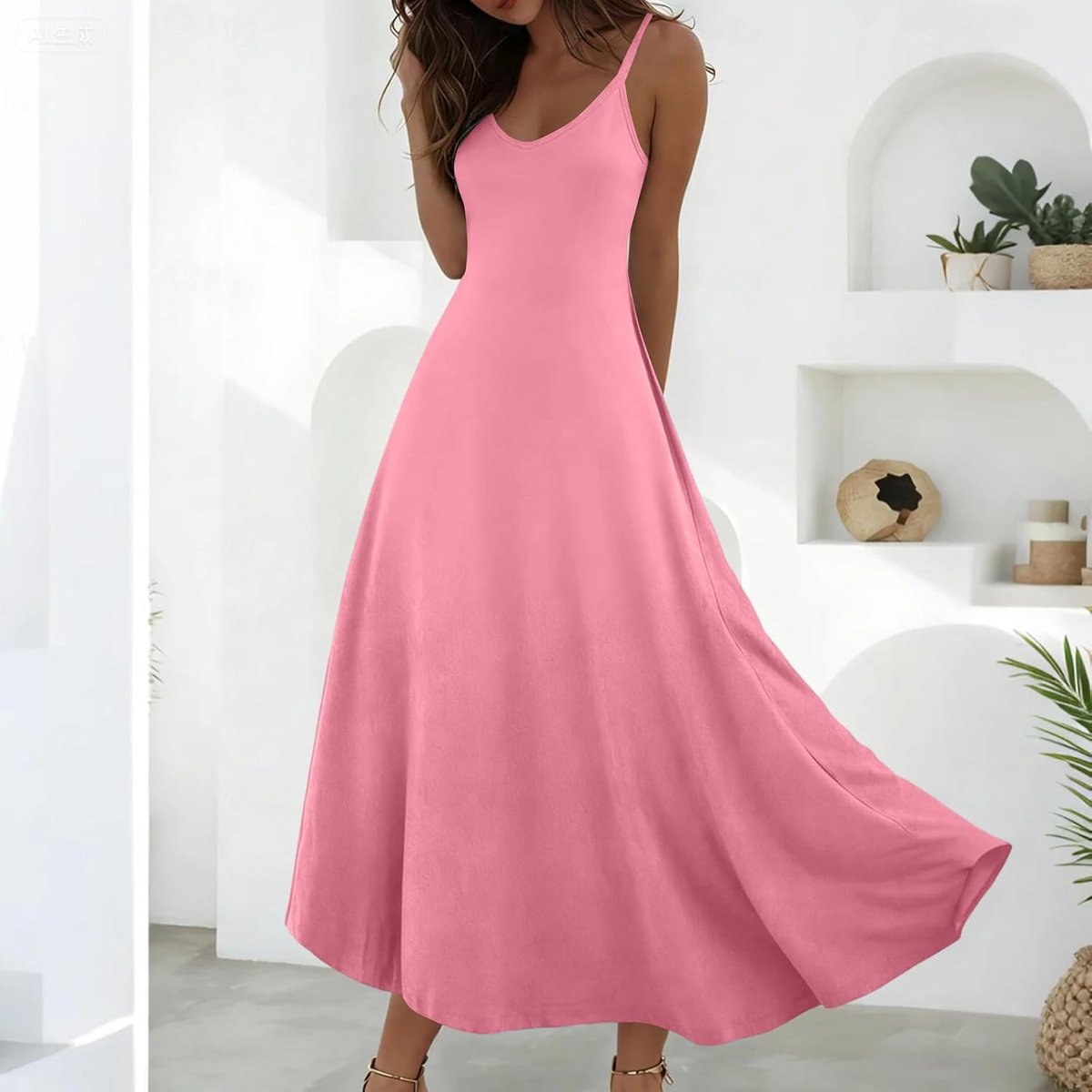 Damen Kleider Sommer Lang Strandkleid Damen Luftig Kleid A Linie Ärmellos Sommerkleid Leicht Spaghettiträger Maxikleid Elegant Frauen Sommerkleider Einfarbig Schwingen Trägerkleid
