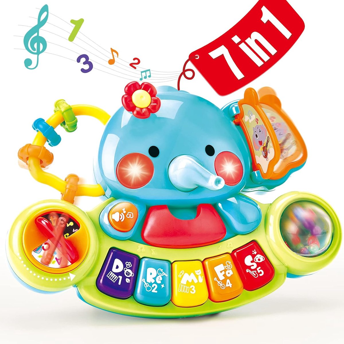 hahaland Muziekspeelgoed, olifant, babyspeelgoed vanaf 3 tot 6 maanden, motoriekspeelgoed, muziekinstrumenten met licht en geluid, kindertoetsenbord, babyspeelgoed vanaf 1 jaar, meisjes jongens