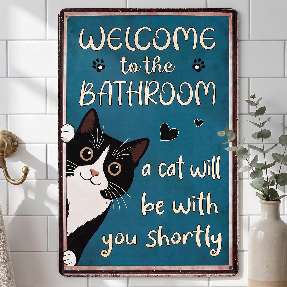 Bord met grappige kat, 30 x 20 cm, wanddecoratie, badkamer, vintage decoratie met kat en tekst "Welcome to the Bathroom", retro cadeau-idee voor toilet