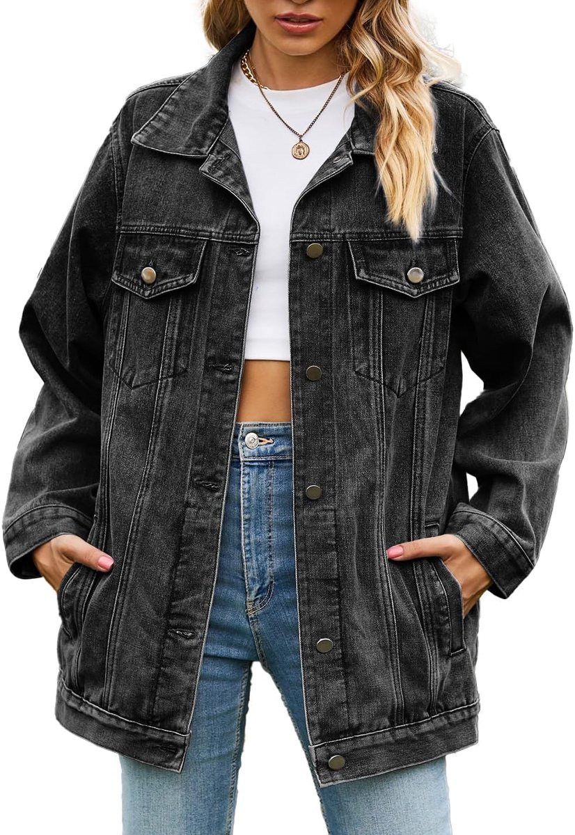Denim jas voor dames, oversized, button up, turn down kraag, losse lange mouwen, halflange mantel