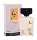 Doos en flesje met Guy Laroche Fidji eau de parfum. De doos is lichtoranje met witte strepen. Het flesje is van glas met een zwarte dop.