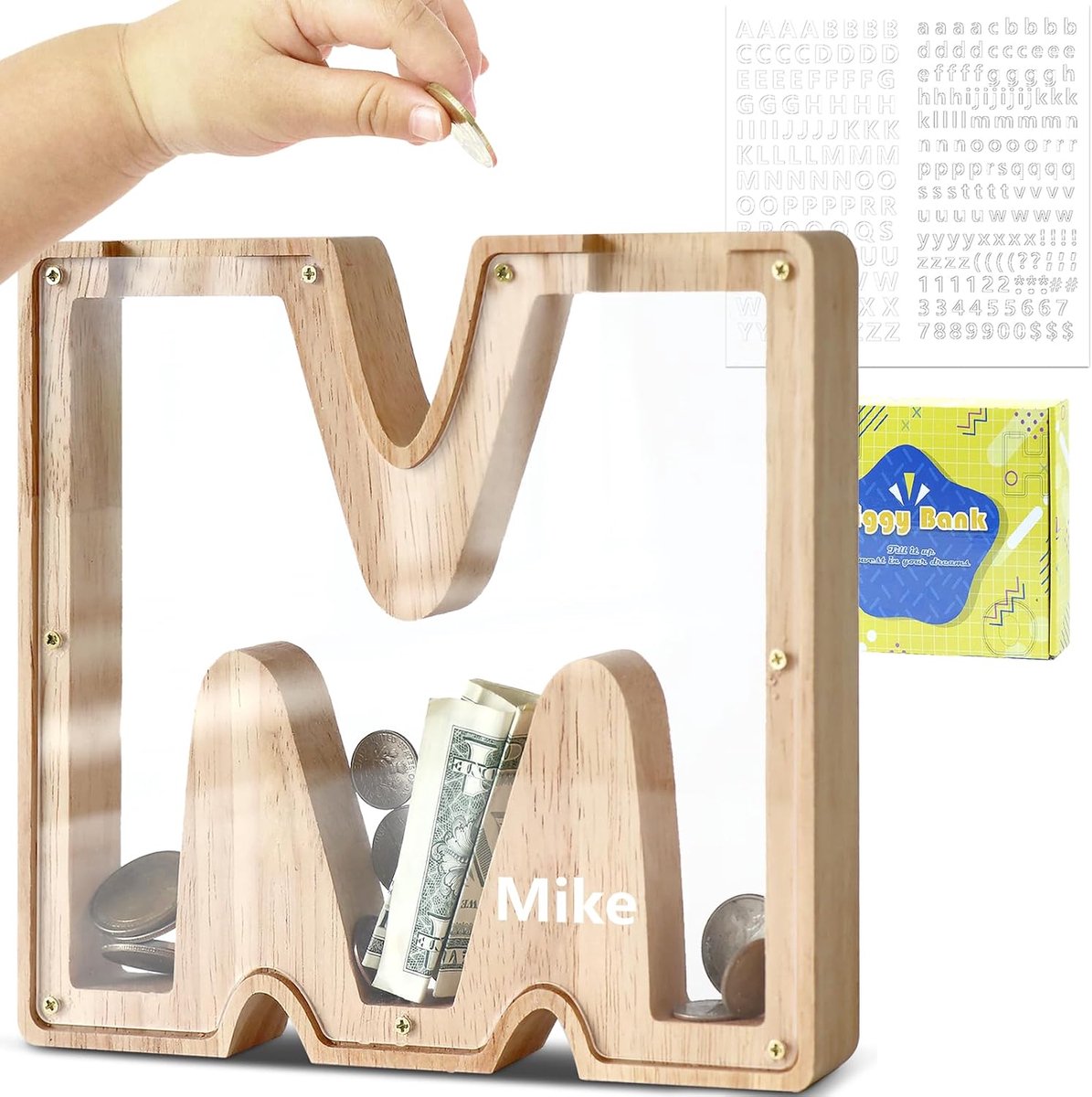 Spaarpot voor kinderen, hout, transparant (M)