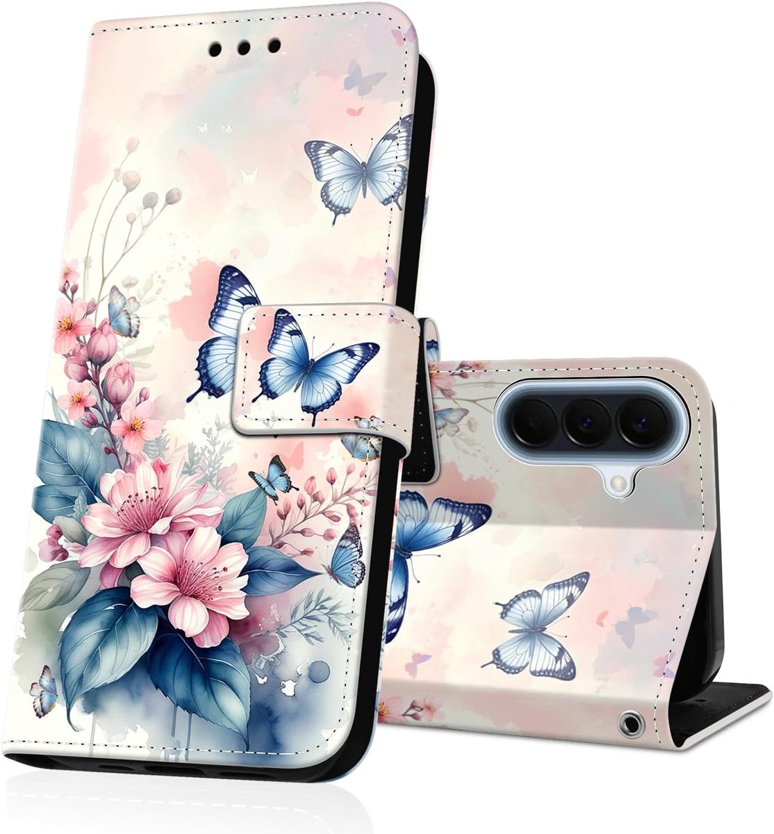 Hoesje voor Samsung Galaxy A57 5G portemonnee flip case schattig ontwerp patroon met creditcard RFID-blokkering magnetische schokbestendige beschermhoes cover - roze bloem blauwe