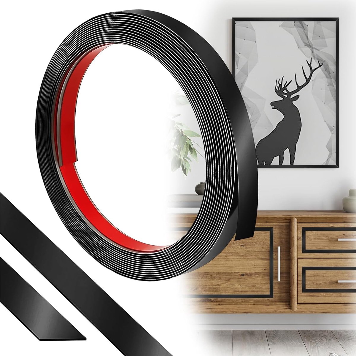 Zelfklevende Decoratieve Strip voor Randenbescherming - Flexibele Plakstrip voor Deuren, Ramen, Spiegels, Muren en Vloeren (6 m Zwart)