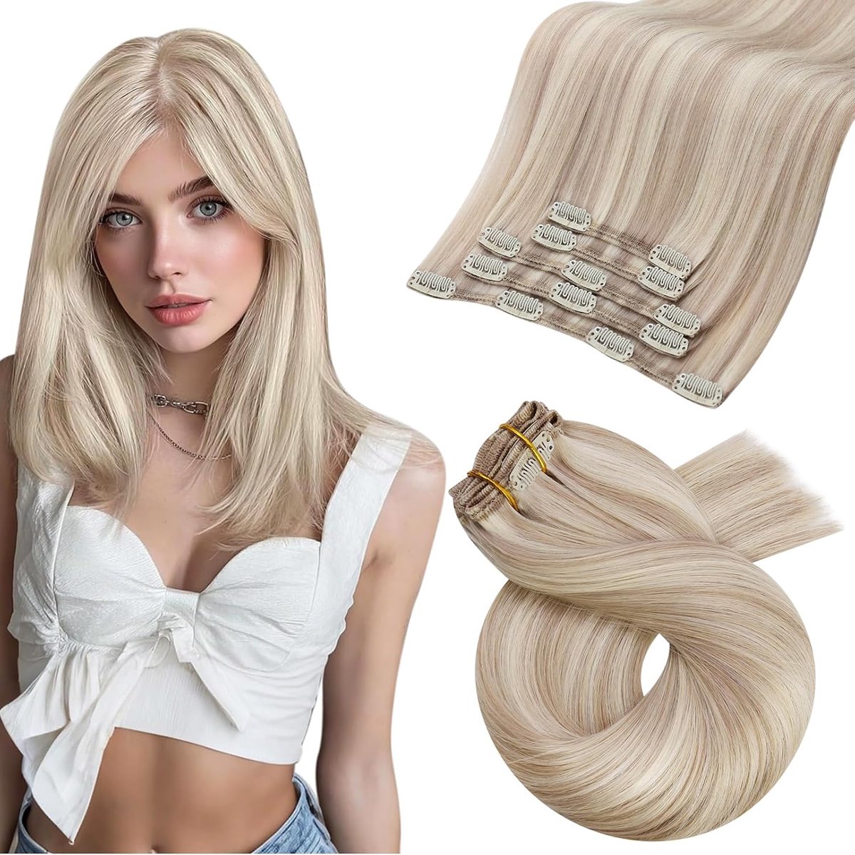 Haarextensies Echt Menselijk Haar Asblond met Bleekblond #18/613 30 cm 5 Stuks 80g