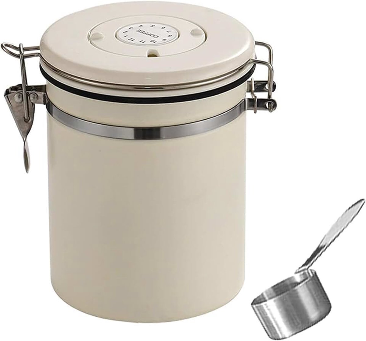 Koffiebonenblik (1,8 l) - Van roestvrij staal 304 - Met uitlaatklep - Opbergdoos voor koffiebonen, theeblaadjes, noten en cacao - Wit