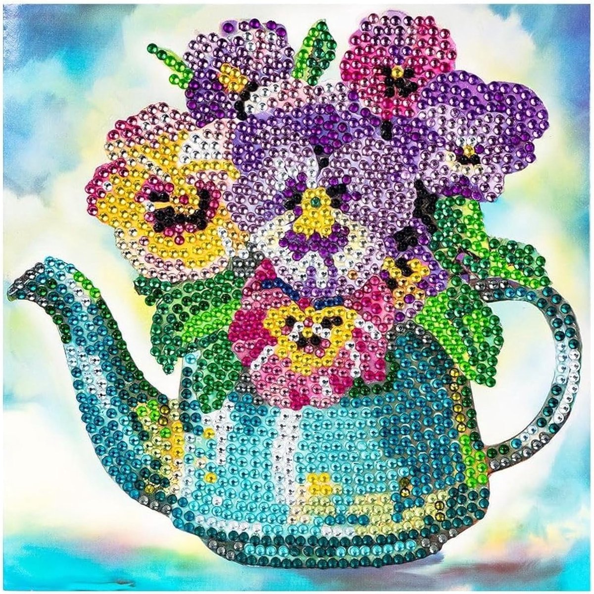 Mit Herz Diamond painting-wenskaart, strass-editie, 16 x 16 cm, 370 g/m², inclusief stenen, envelop en gereedschap (kan en viooltjes)