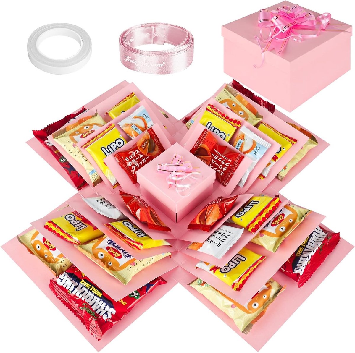 Creatieve 5-laagse explosiebox voor verrassingen, handgemaakte geschenkdoos voor Valentijnsdag en verjaardagen, inclusief plakband en lint (roze)