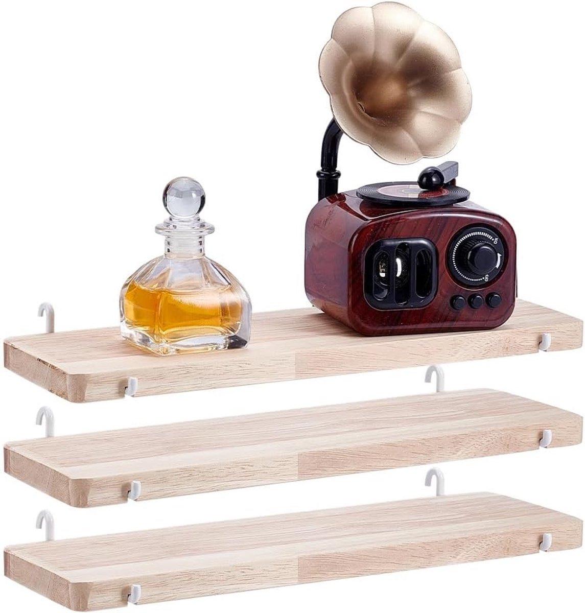 Set van 3 stevige houten wandplanken 30 x 10 cm met haken voor winkel, garage en keukenopslag